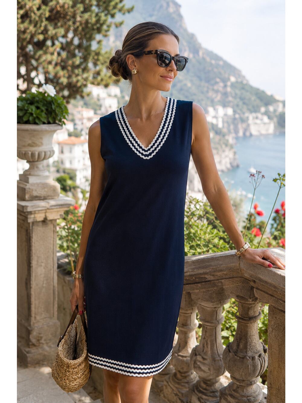 Jude Connally Navy Sleeveless Shift Dress White Rickrack Trim USA Size Small